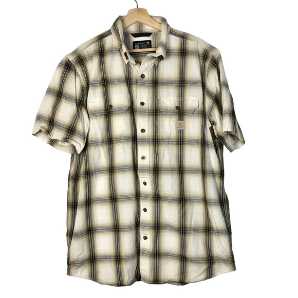 Carhartt Tall White & Beige Plaid Loose Fit Short Sleeve Button Down L - Picture 1 of 3